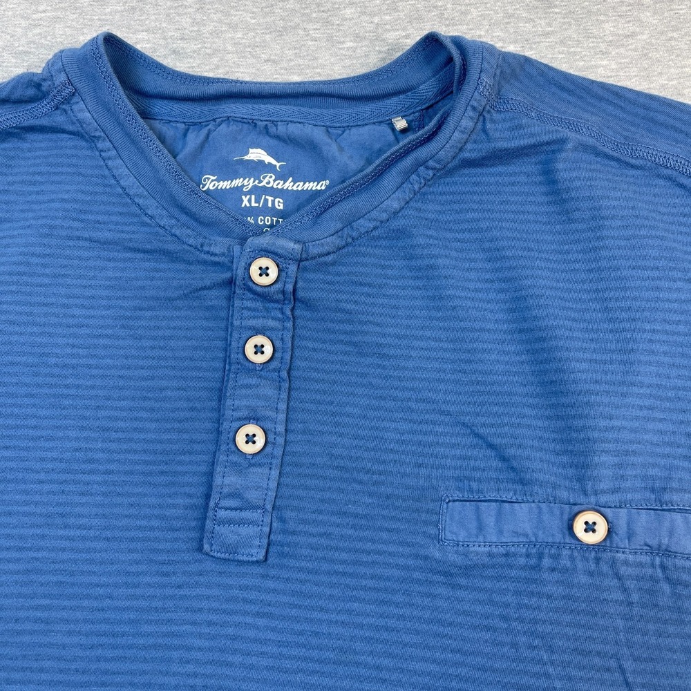 Tommy Bahama Shirt Mens XL Blue Schooner Stripe Cotton Pocket Henley Short Sleev - Picture 4 of 8
